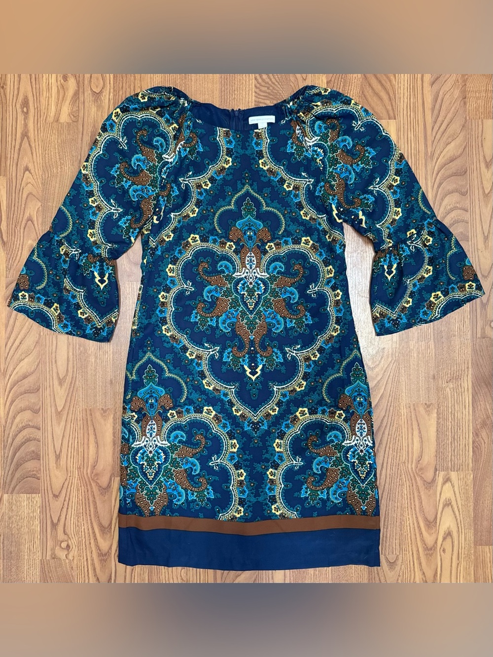 ❤️ New York & Company Size XS Teal Paisley Midi Dress Brown Accents Fall (B18)